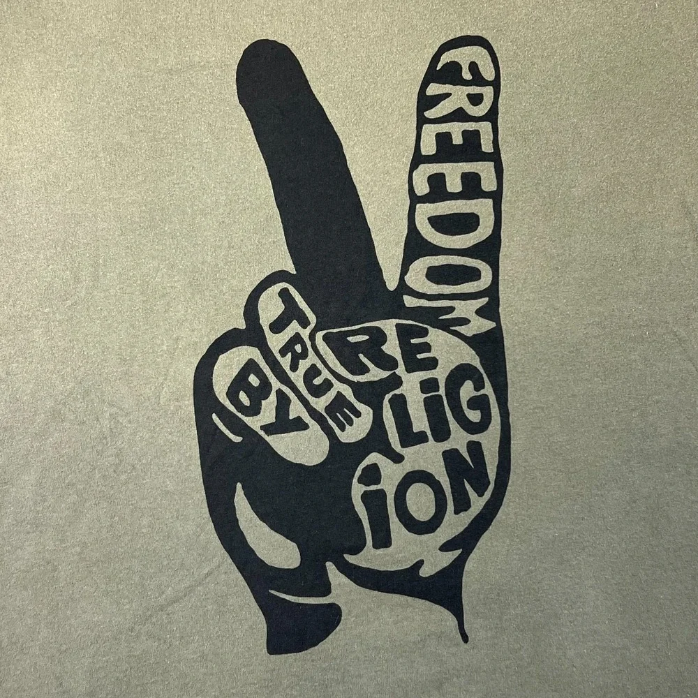 True‎ Religion Graphic T-Shirt Peace Sign FREEDOM Olive Green Men's Size 2XL VTG